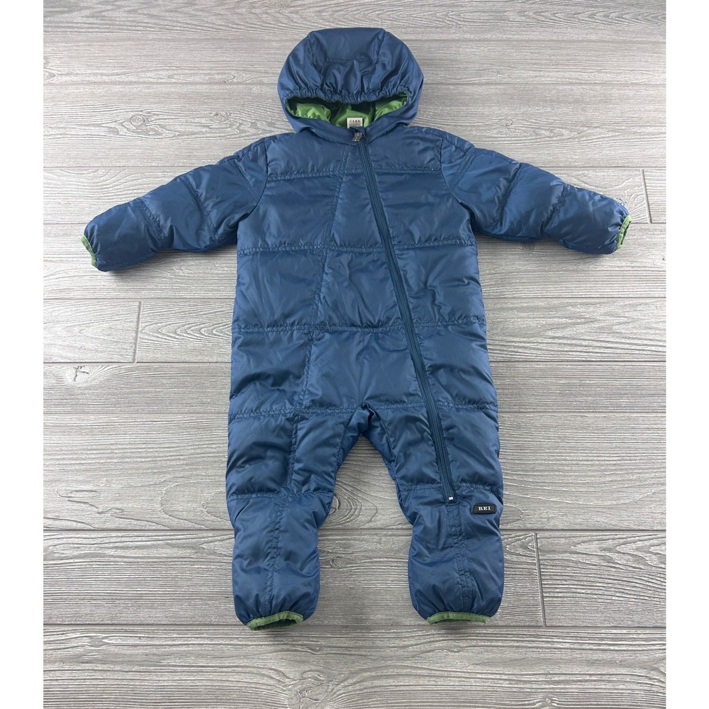 REI Co-op Infant Goose Down Bunting Suit Blue Green Hooded Snowsuit 6-12M
